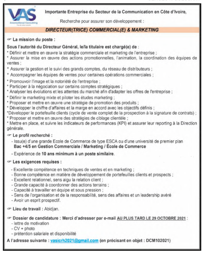 Recrutement de 01 Directeur(trice) Commercial(e) et Marketing